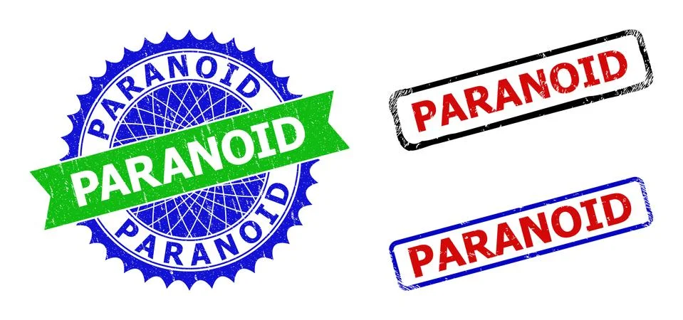 PARANOID Rosette and Rectangle Bicolor Stamp Seals with Grunge Textures Stock Illustration