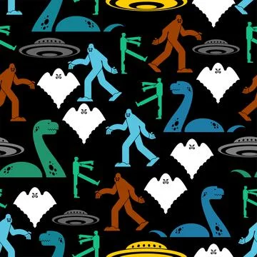 Paranormal monsters pattern seamless. Werewolf and zombies. UFO and Yeti. Loc Stock Illustration
