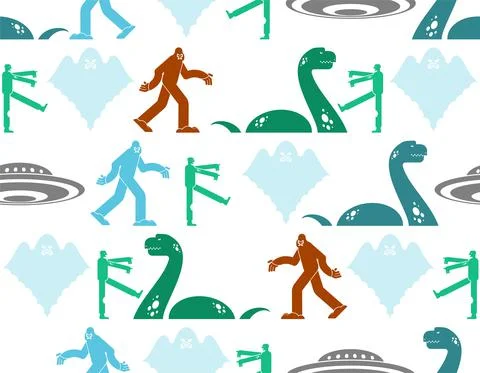 Paranormal monsters pattern seamless. Werewolf and zombies. UFO and Yeti. Loc Stock Illustration