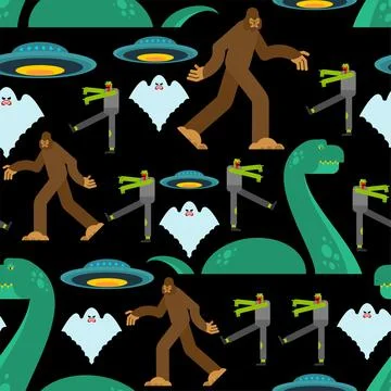 Paranormal monsters pattern seamless. Werewolf and zombies. UFO and Yeti. Loc Stock Illustration