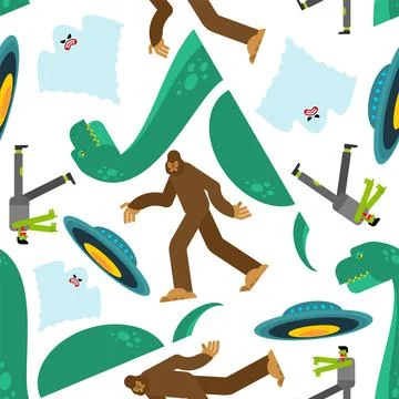 Paranormal monsters pattern seamless. Werewolf and zombies. UFO and Yeti. Loc Stock Illustration