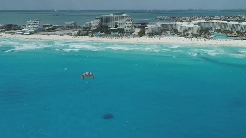 Parasail Approaching Cancun Beach Resorts Video stock 89245546