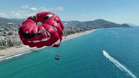 Parasailing aerial view 4 K Turkey Alanya Stockbeeldmateriaal 224566435