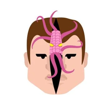 Parasite in head. Pest with tentacles inside head. Cut skin of face. Evil Alt Stock Illustration
