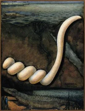 Parasites: a parasitical worm, shown much enlarged, with its hosts. Gouache.. Illustration