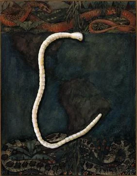 Parasites: a parasitical worm, shown much enlarged, with its hosts. Gouache.. Illustration