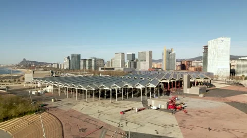 Parc del forum and poble nou aerial view with solar photovoltaic panels and 動画素材 331574401