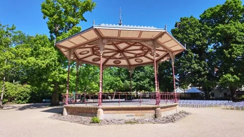 Parc du Thabor bandstand for local events, Rennes, France. Fpv walking Stock Footage 281624845