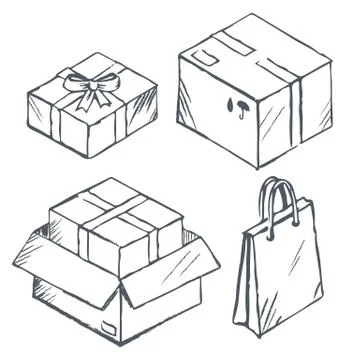 Parcel and Box, Present and Shopping Bags Set Stock Illustration