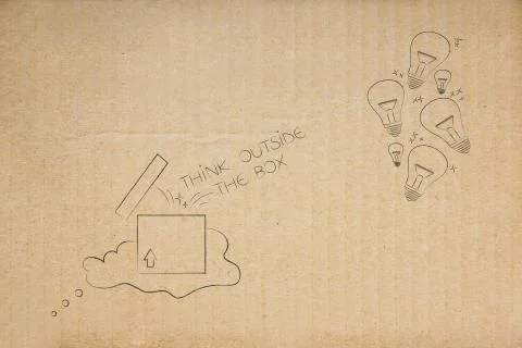 Parcel and caption breaking free from thought bubble next to idea lightbulbs  Ilustração Stock