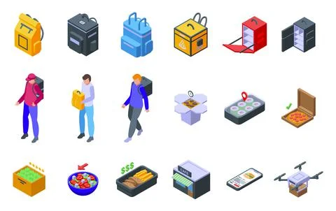 Parcel backpack icons set isometric vector. Food delivery Illustrazione stock