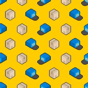 Parcel box and postman cap pattern seamless. Concept funny box to send back.. Stock Illustration