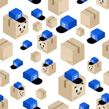 Parcel box and postman cap pattern seamless. Concept funny box to send back.. Illustrazione stock