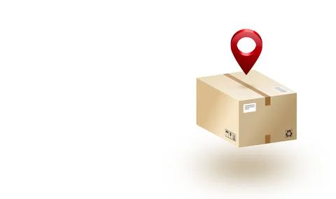 A parcel box and a red position pin isolate white background. illustration. Stock Illustration