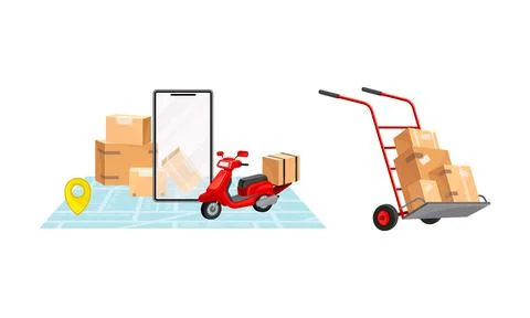 Parcel box delivering set. Online order tracking technology and logistics Stockillustratie