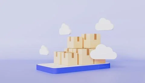 Parcel box floating on smartphone with cloud, Digital shipping or parcel Stock Illustration
