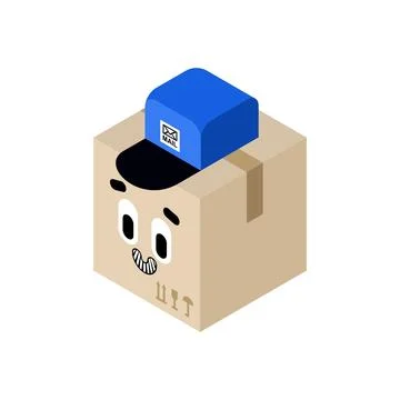 Parcel box in postman cap isolated. Concept funny box to send Illustrazione stock