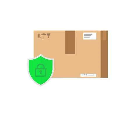 Parcel box protected with shield logo design. Illustrazione stock