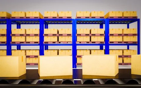 Parcel boxes or paper boxes on conveyor belts in warehouses. Packaging prod.. Stock Illustration