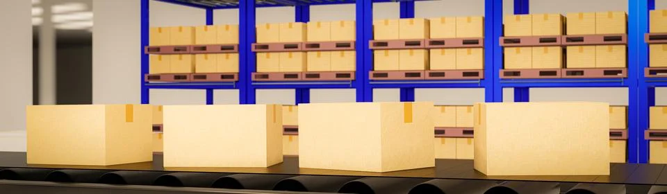 Parcel boxes or paper boxes on conveyor belts in warehouses. Packaging prod.. Stock Illustration