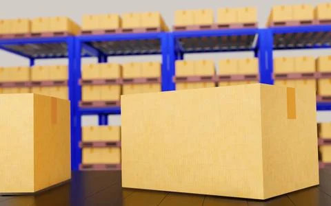 Parcel boxes or paper boxes on conveyor belts in warehouses. Packaging prod.. Stock Illustration