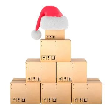 Parcel boxes pyramid with Santa hat. 3D rendering 스톡 일러스트