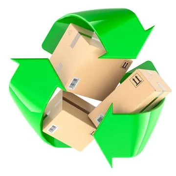 Parcel boxes with recycling symbol. Package reuse or packaging recycling. 3.. Illustrazione stock