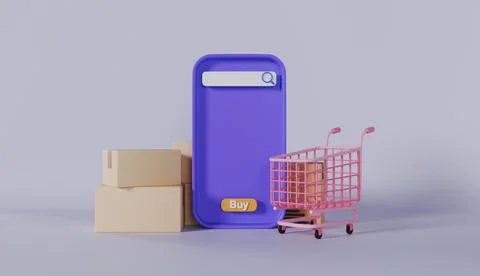 Parcel boxes, shopping carts, and smartphones on pastel color background Stock Illustration