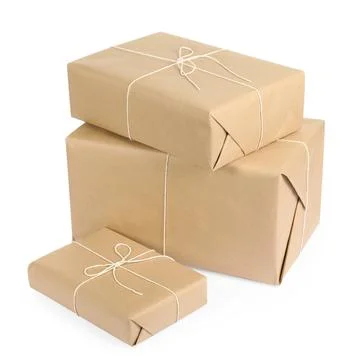 Parcel boxes wrapped in paper isolated on white Stock Photos