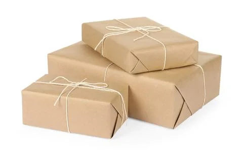 Parcel boxes wrapped in paper isolated on white Foto stock