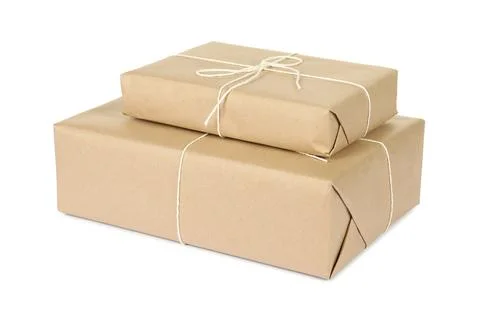 Parcel boxes wrapped in paper isolated on white Foto stock