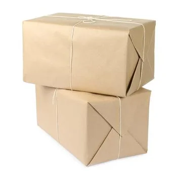 Parcel boxes wrapped in paper isolated on white Foto stock
