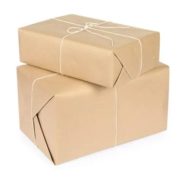 Parcel boxes wrapped in paper isolated on white Foto stock