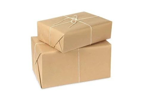 Parcel boxes wrapped in paper isolated on white Foto stock