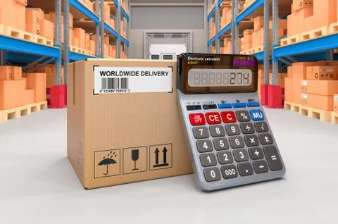 Parcel with calculator in warehouse, 3D rendering Stock Illustration