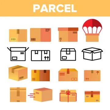 Parcel, Cardboard Boxes Vector Color Icons Set Illustrazione stock