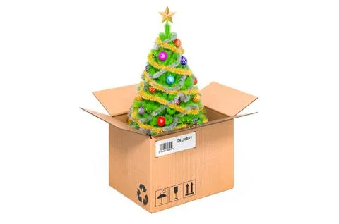 Parcel with Christmas tree. Gift delivery concept, 3D rendering イラスト素材
