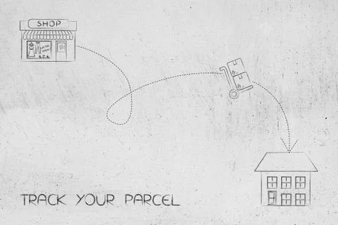 Parcel with dashed path from shop to delivery address 스톡 일러스트