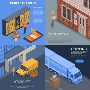 Parcel delivery banner set, isometric style Stock Illustration