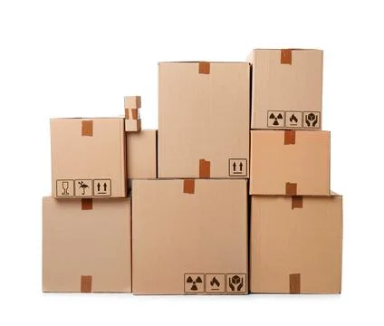 Parcel delivery. Cardboard boxes with different packaging symbols on white ba Foto stock
