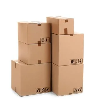 Parcel delivery. Cardboard boxes with different packaging symbols on white ba Foto stock