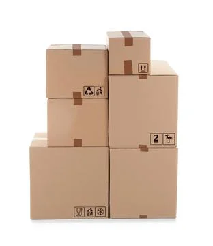 Parcel delivery. Cardboard boxes with different packaging symbols on white ba Foto stock