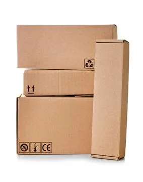 Parcel delivery. Cardboard boxes with different packaging symbols on white ba Stock Photos
