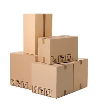 Parcel delivery. Cardboard boxes with different packaging symbols on white ba Foto stock