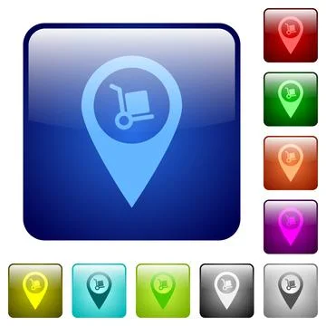 Parcel delivery GPS map location color square buttons 스톡 일러스트