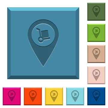 Parcel delivery GPS map location engraved icons on edged square buttons 스톡 일러스트