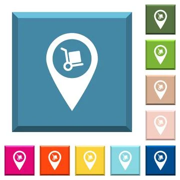 Parcel delivery GPS map location white icons on edged square buttons Illustrazione stock