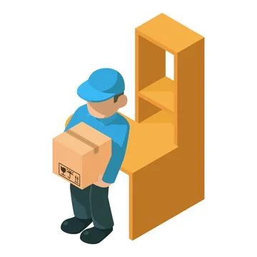 Parcel delivery icon isometric vector. Delivery service worker carry big parcel Stock Illustration