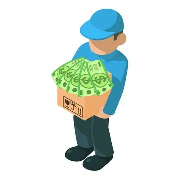 Parcel delivery icon isometric vector. Human with postal parcel and dollar bill Stock Illustration