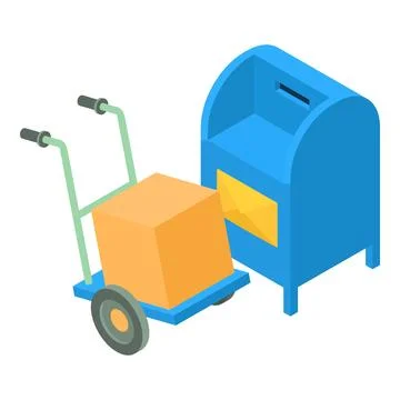 Parcel delivery icon isometric vector. Cardboard box on handcart near mailbox Stock Illustration